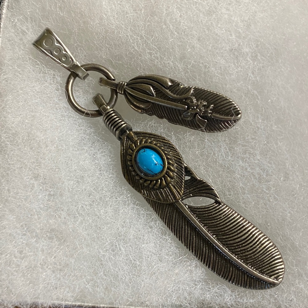 Large Boho Silver Feather Pendant w/ Turquoise Stone | Tribal Southwest Style